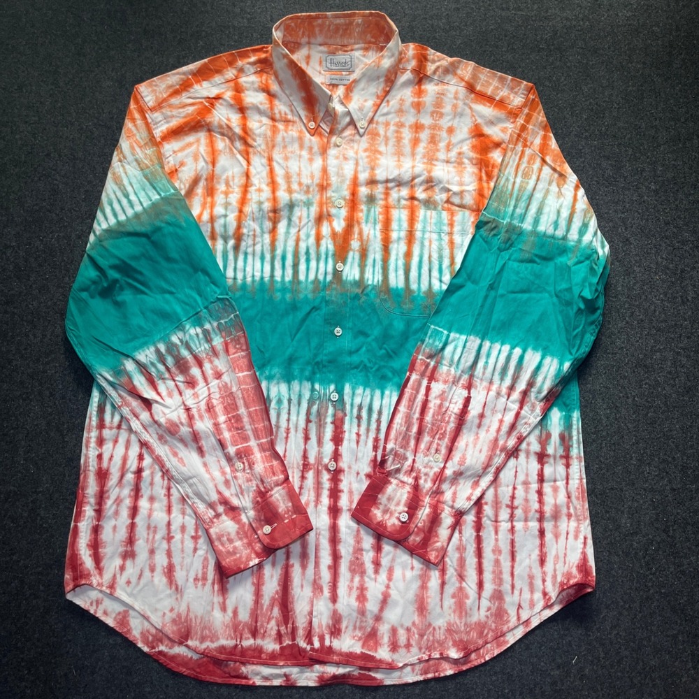 Harrods Button Down Shirt Mens 17.5 Multicolor Tie Dye Cotton Long Slv - Picture 4 of 7